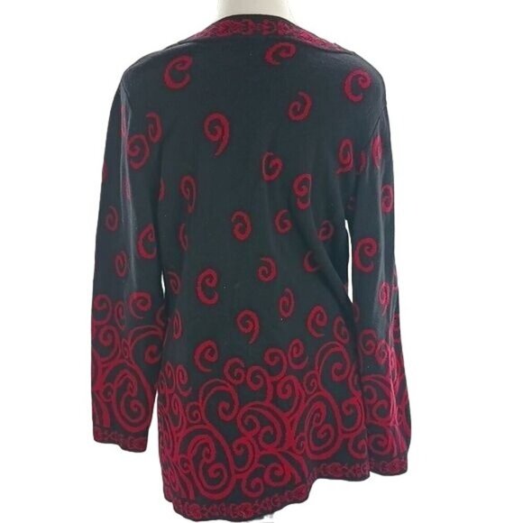 Christopher & Banks Cardigan Sweater Black Red Knit Swirl Pattern Womens Size L - Picture 5 of 7